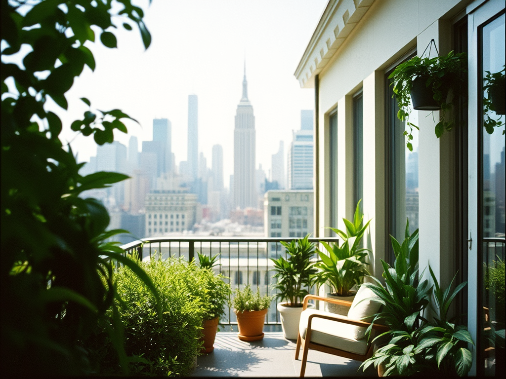 A stylish NYC balcony featuring various green plants, a comfortable chair, and a panoramic view of the city skyline, including the Empire State Building.